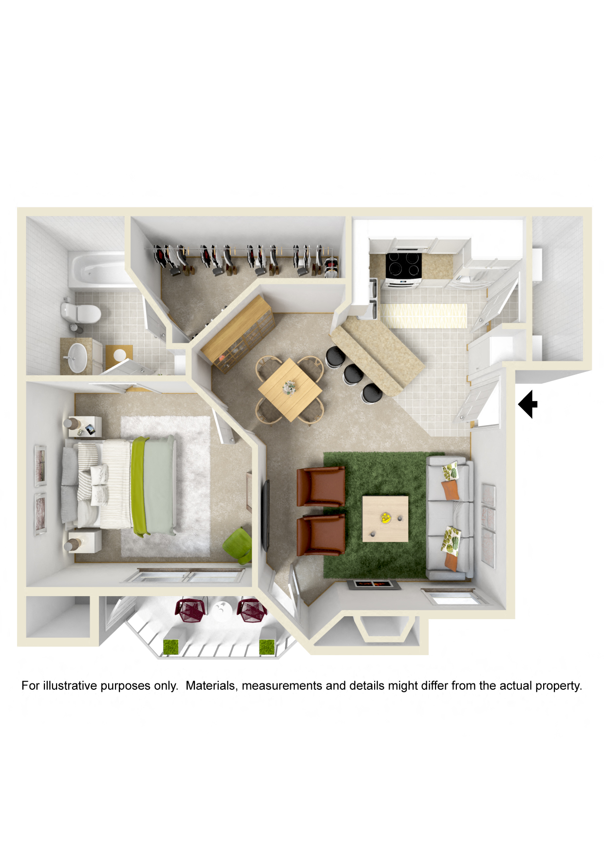 Floor plan for 1 bed, 1 bath, 700 sqft